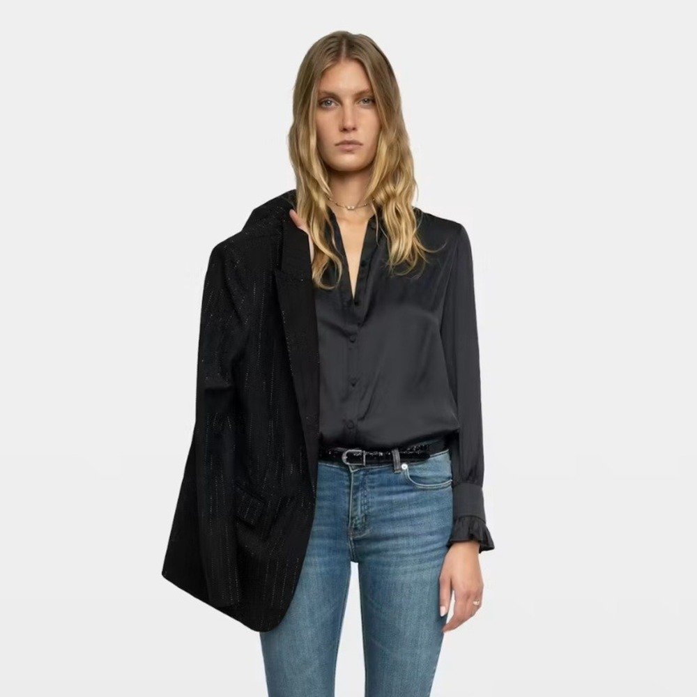 Zadig & Voltaire Elegant Thely Satin Shirt Black Blouse Rhinestone Wings XS NWT